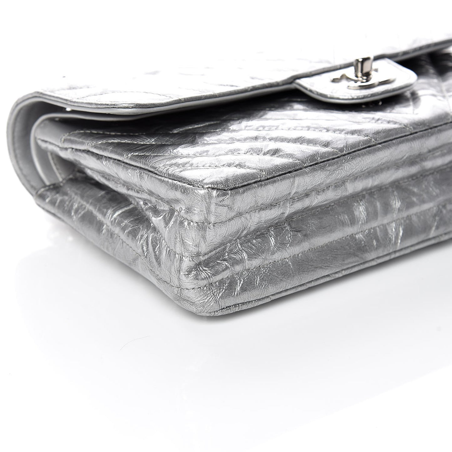 Metallic Crumpled Patent Chevron Quilted Medium Double Flap Silver
