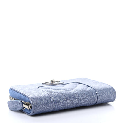 Chanel Metallic Caviar Chevron Quilted Vintage Mademoiselle Zip Coin Purse Light Blue 4 of 7