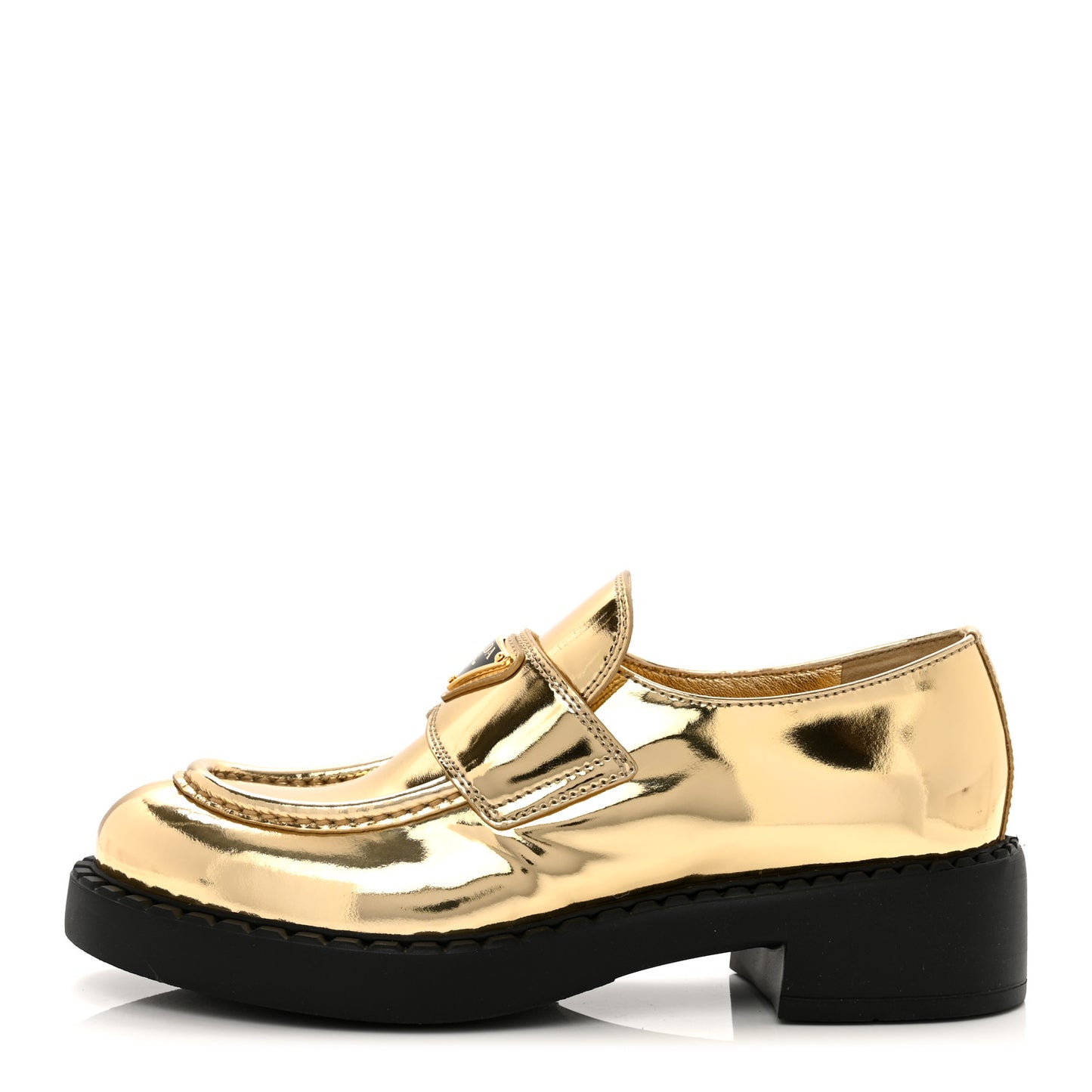 Metallic Brushed Calfskin Metal Triangle Logo 50mm Loafers 36.5 Platino