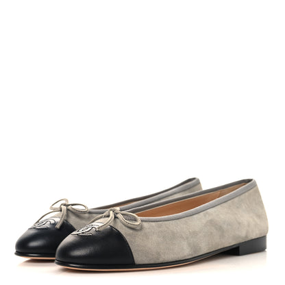 Chanel Suede Lambskin Cap Toe CC Ballerina Flats 37 Dark Grey Black 4 of 10