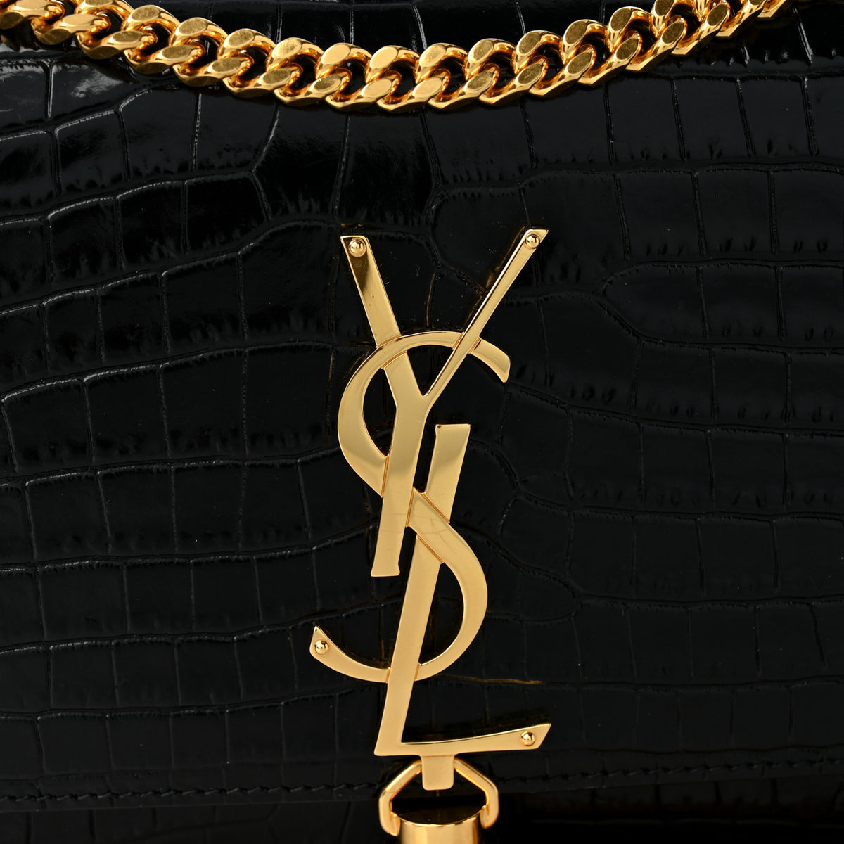 Calfskin Crocodile Embossed Small Classic Monogram Kate Tassel Satchel Black