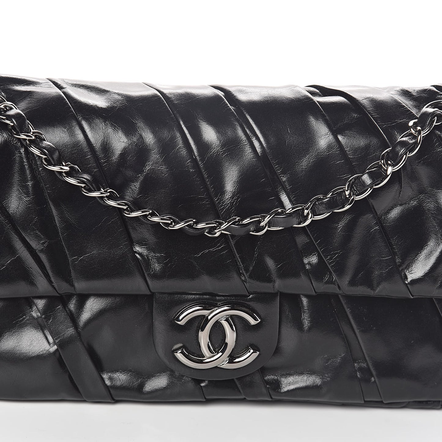 Glazed Calfskin Twisted Medium Flap Black
