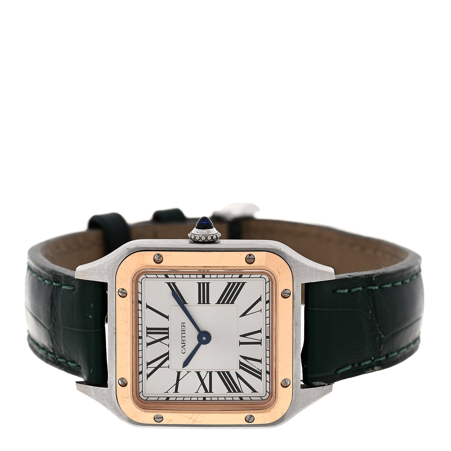Stainless Steel 18K Pink Gold Alligator 27.5mm Santos Dumont Quartz Watch Green