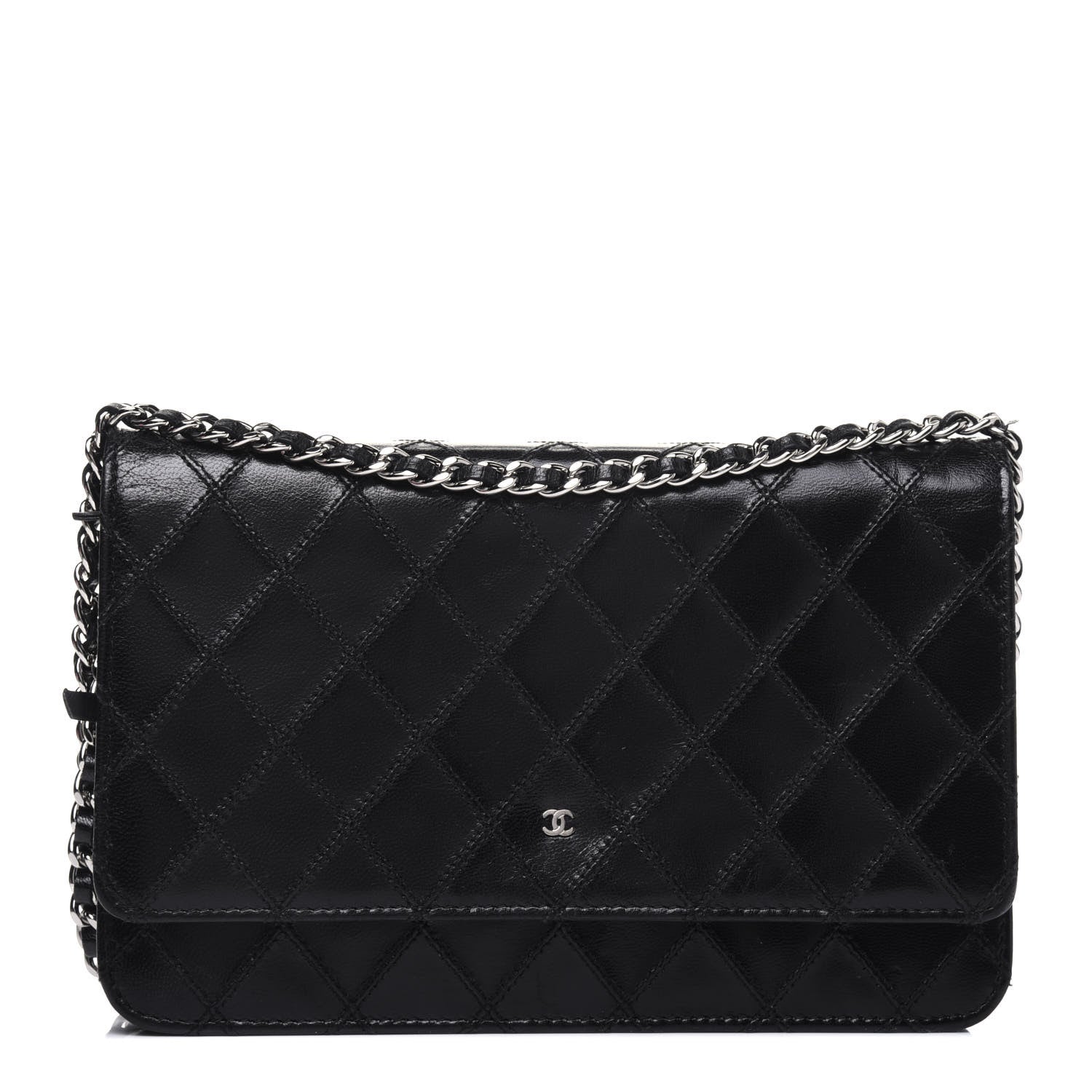 Chanel Lambskin Diamond Stitched Wallet On Chain WOC Black 1 of 24