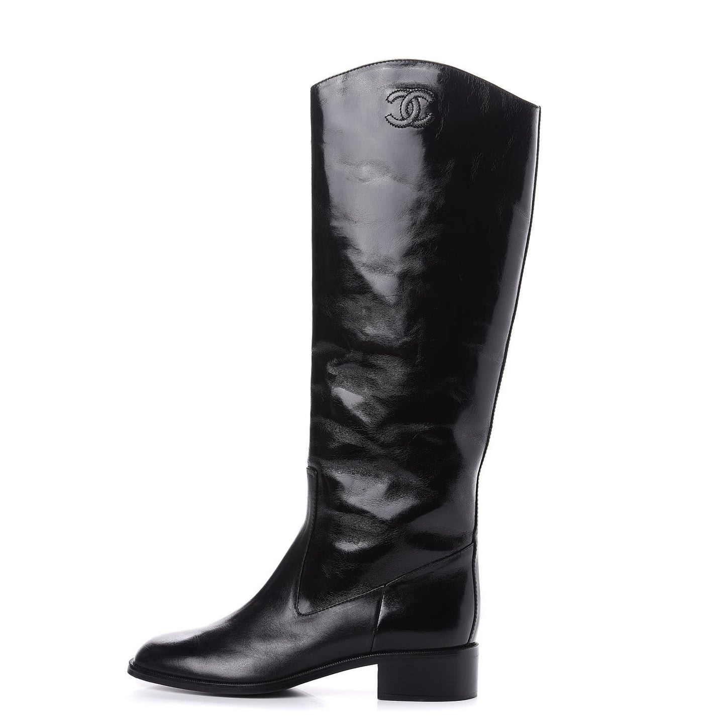 Glazed Calfskin CC High Boots 38.5 Black
