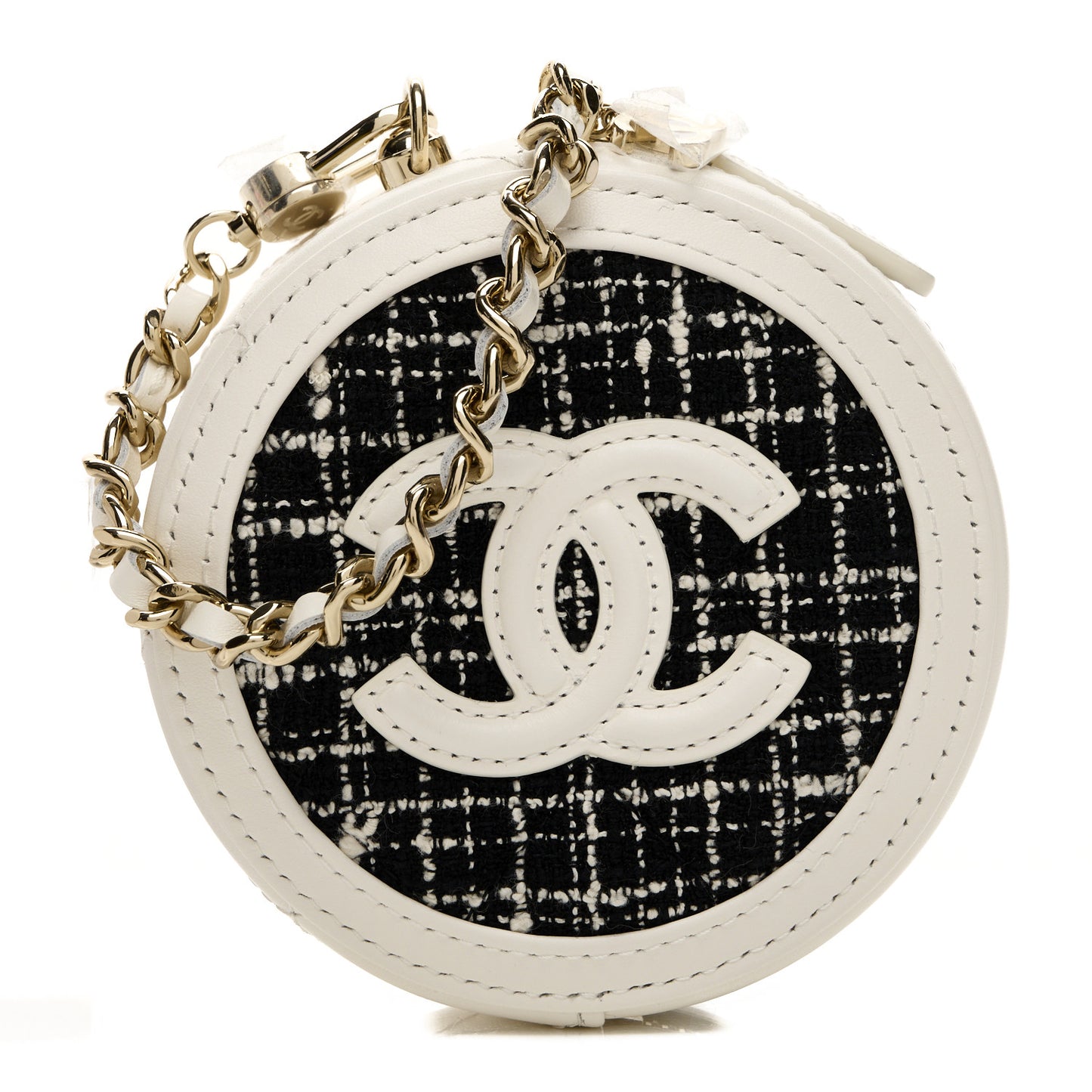 Tweed Quilted Round Filigree Pouch With Chain White Black