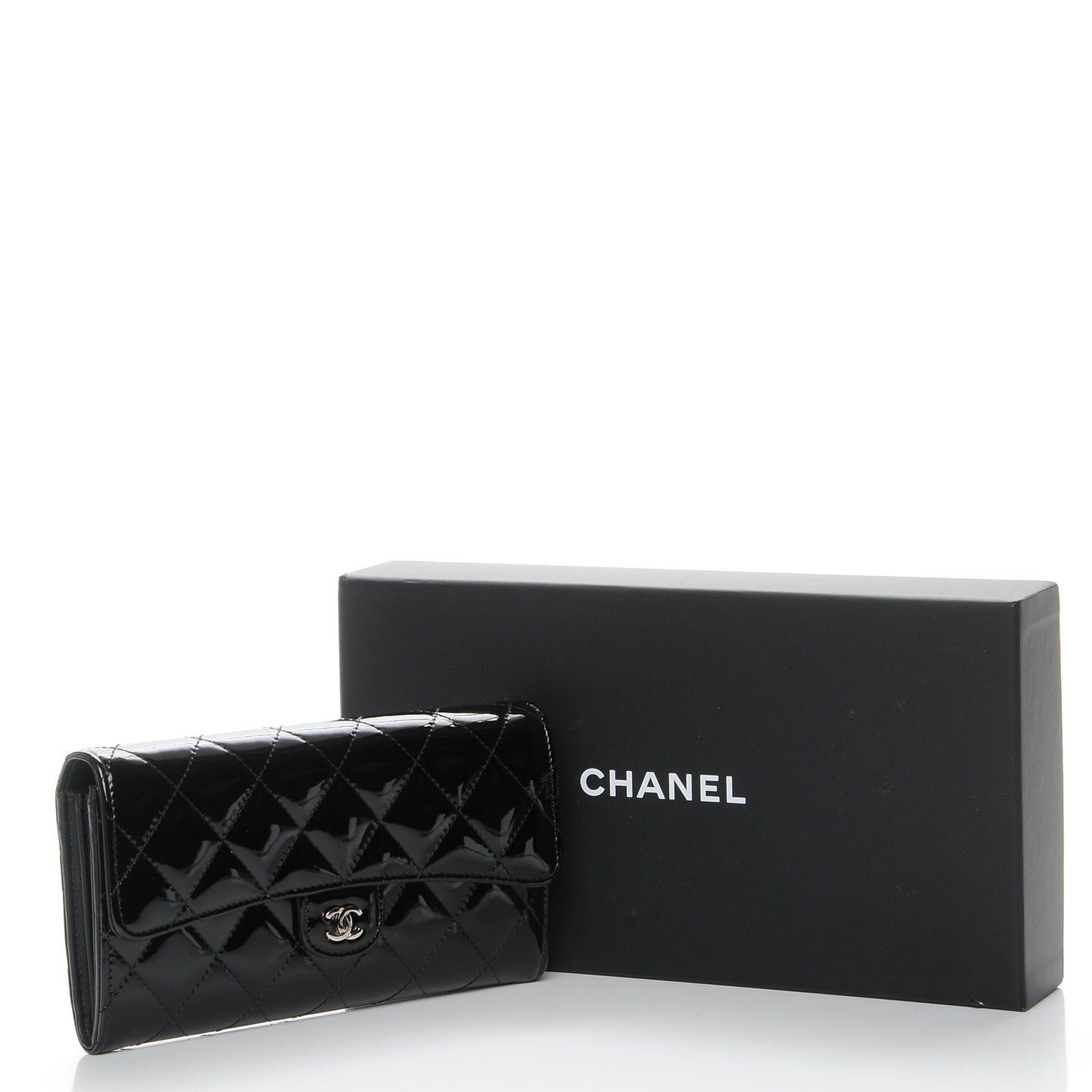 Patent Calfskin Quilted Large Flap Wallet Black