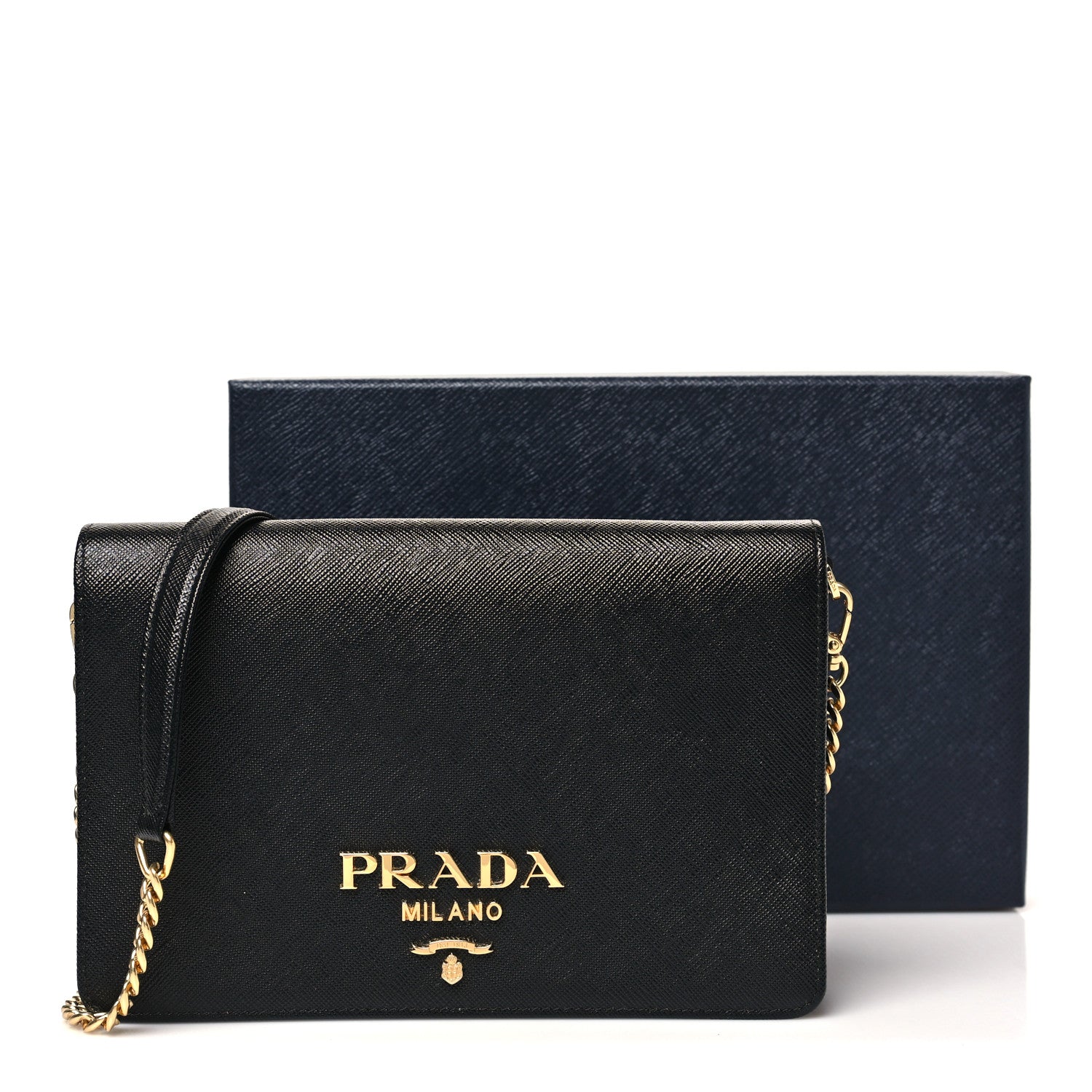 Prada Saffiano Lux Metal Logo Mini Chain Flap Crossbody Bag Black 11 of 11