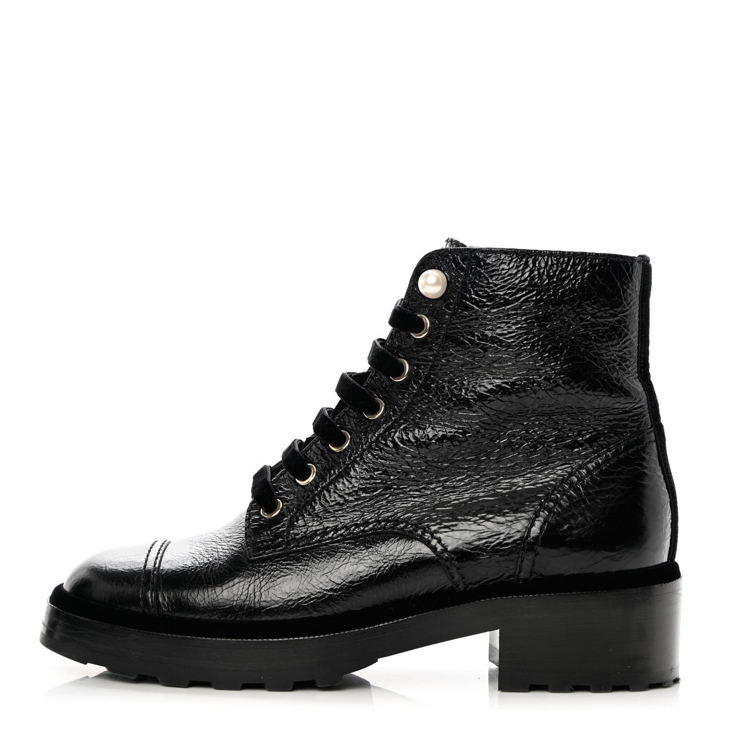 Shiny Calfskin Velvet Pearl Combat Short Boots 39 Black