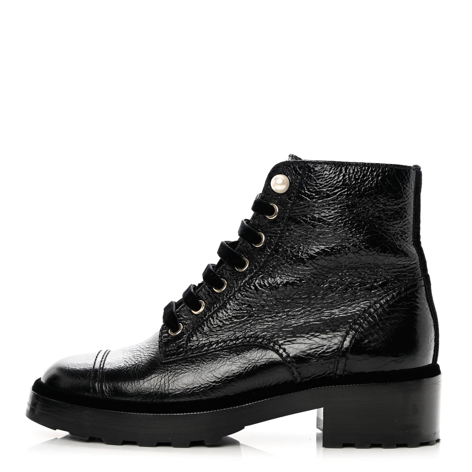 Chanel Shiny Calfskin Velvet Pearl Combat Short Boots 39 Black 1 of 8