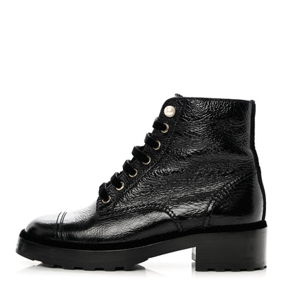 Chanel Shiny Calfskin Velvet Pearl Combat Short Boots 39 Black 1 of 8