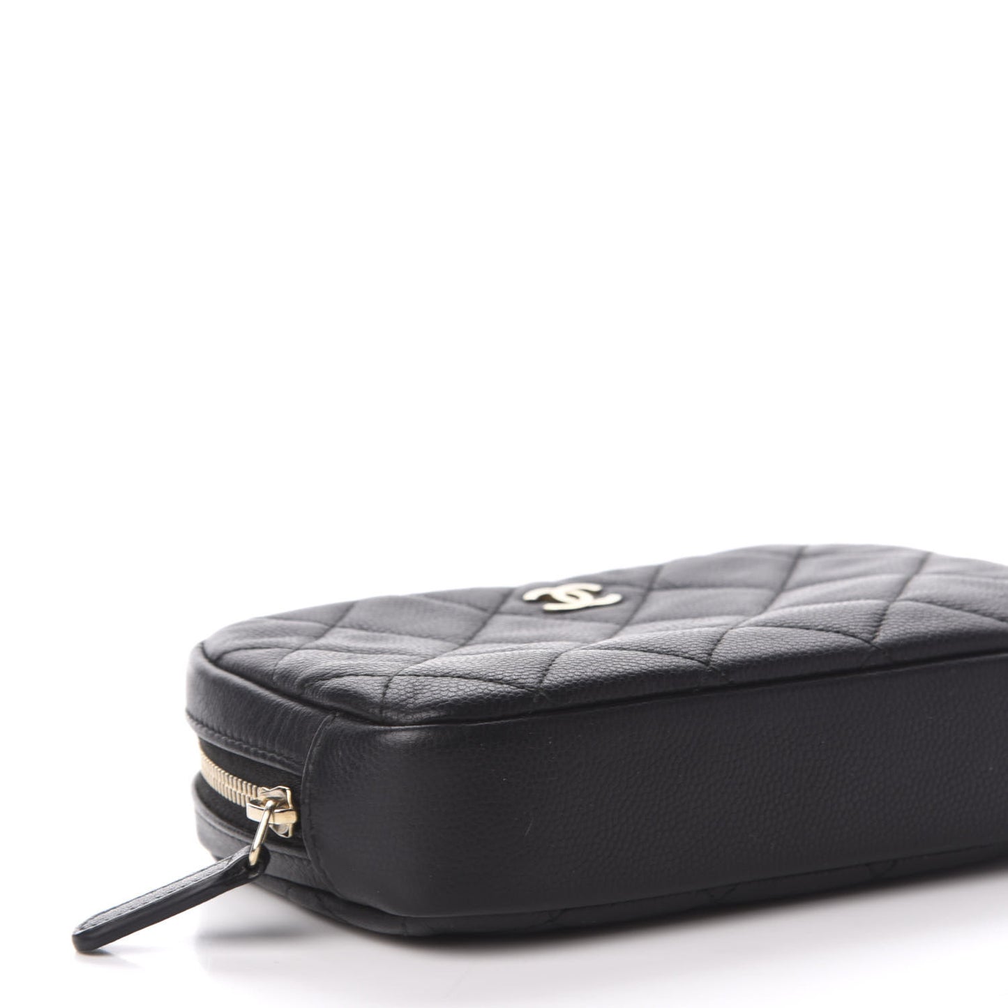 Grained Calfskin Quilted Small Curvy Pouch Cosmetic Case Black
