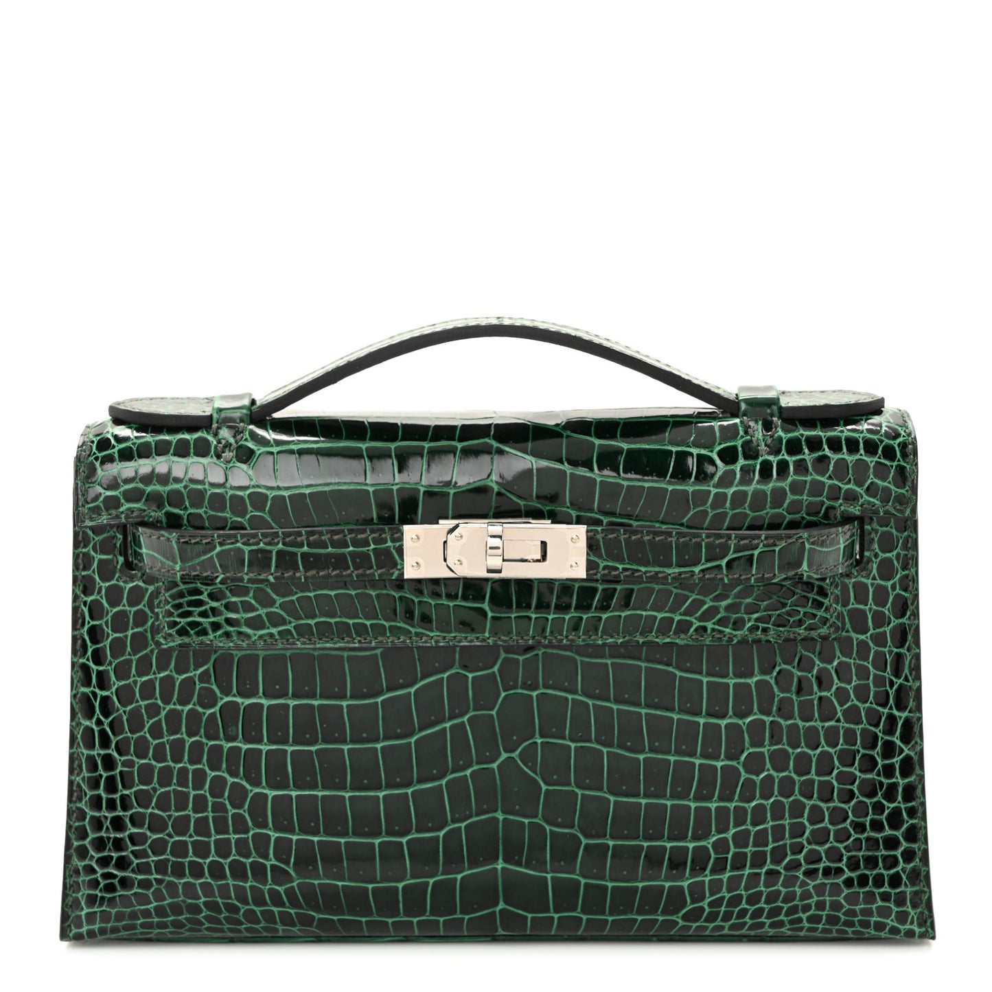 Shiny Porosus Crocodile Kelly Pochette Vert Cypress