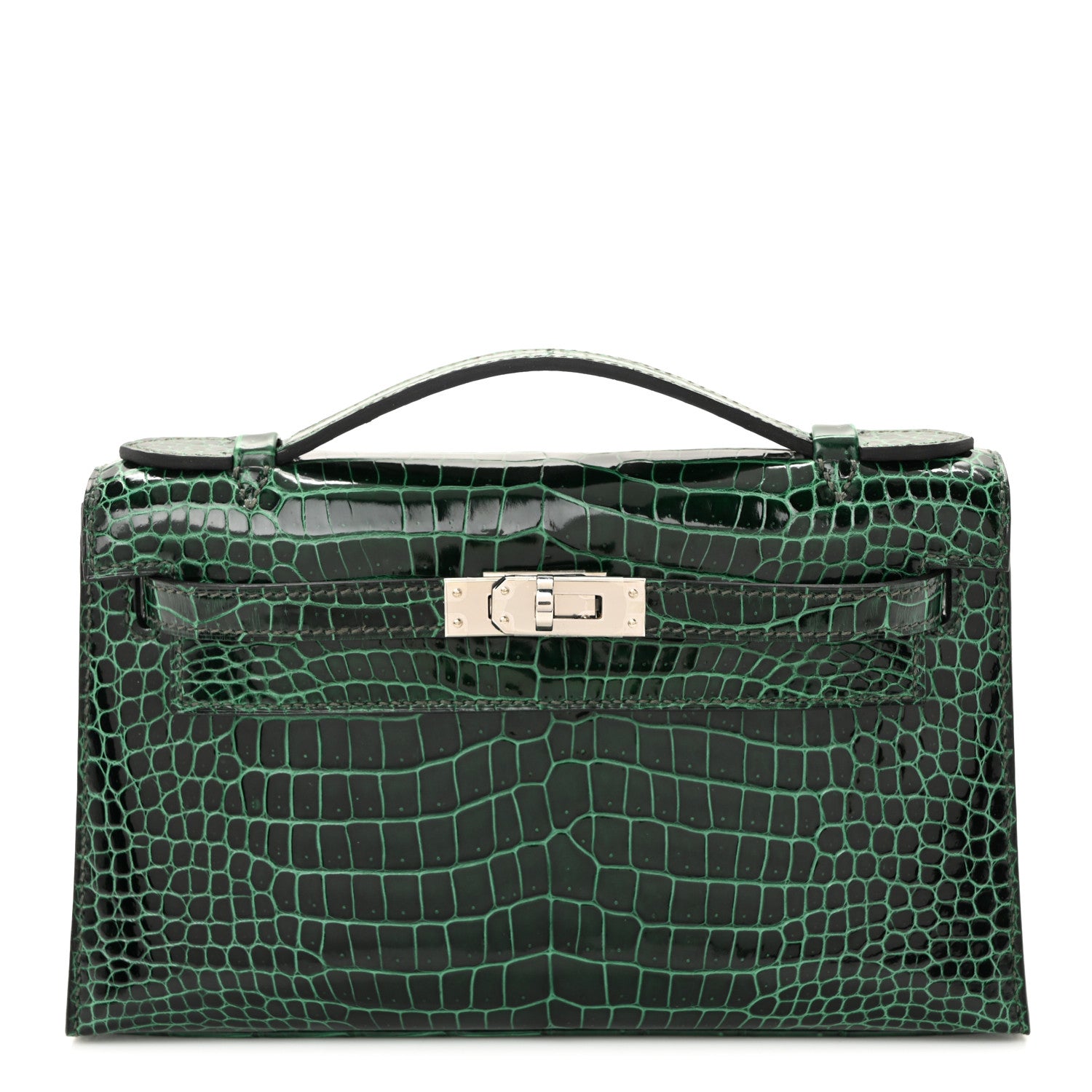 Hermes Shiny Porosus Crocodile Kelly Pochette Vert Cypress 1 of 19