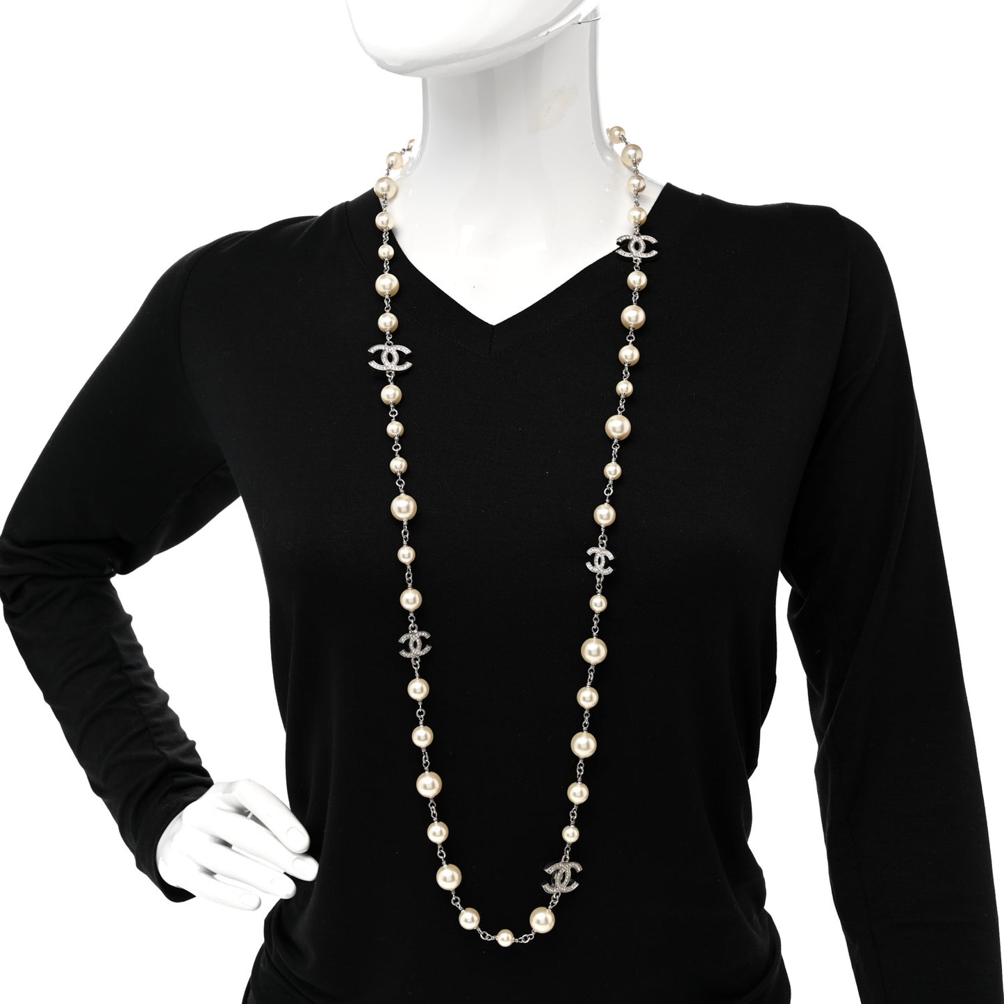 Crystal Pearl CC Long Necklace Silver