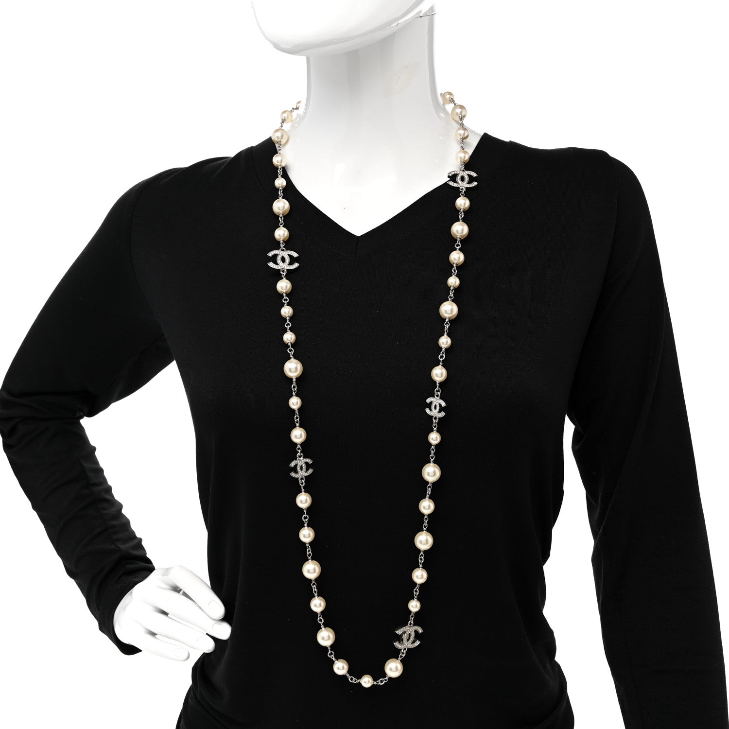 Chanel Crystal Pearl CC Long Necklace Silver 2 of 8