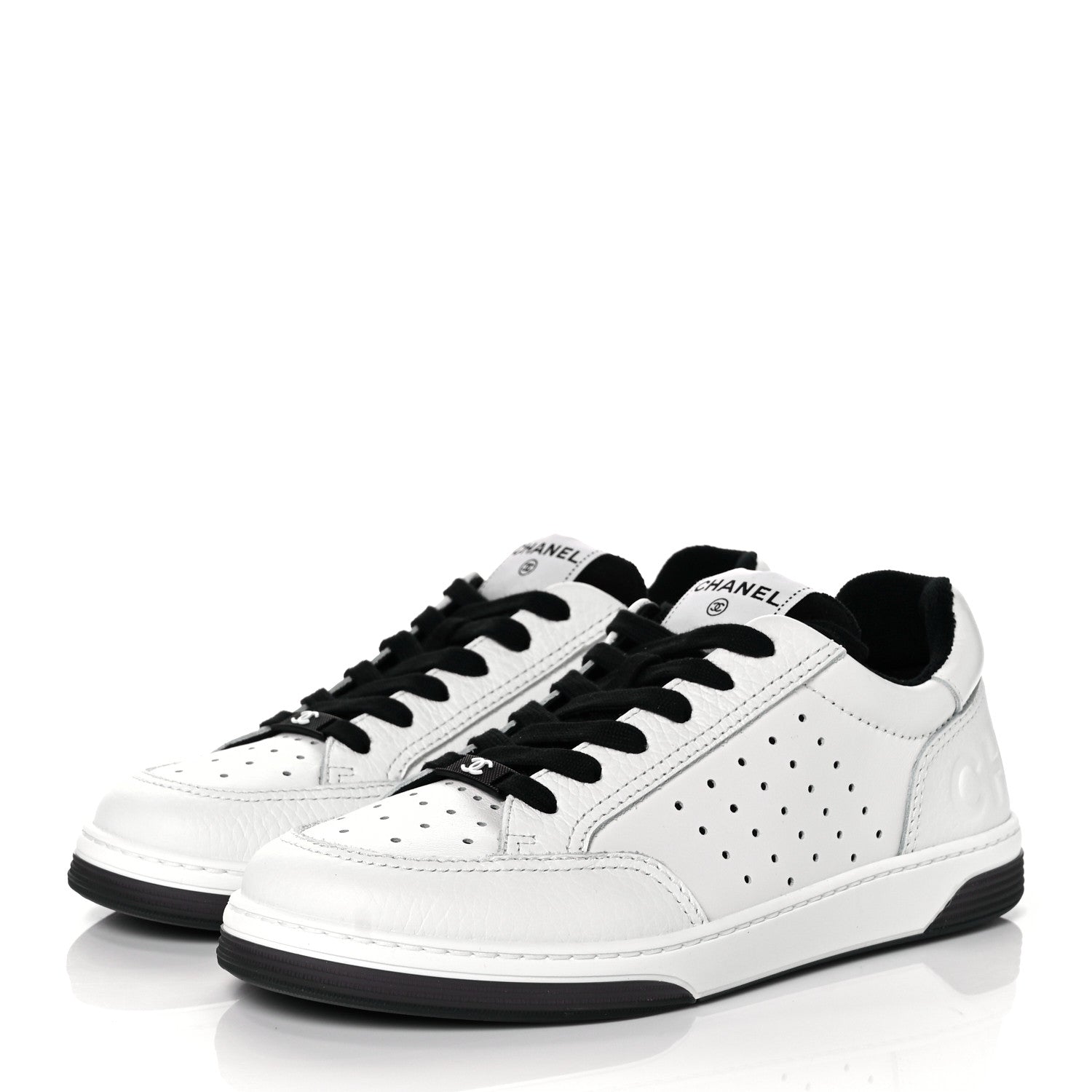 Chanel Grained Calfskin Fabric Womens Logo Sneakers 39.5 White Black 3 of 8