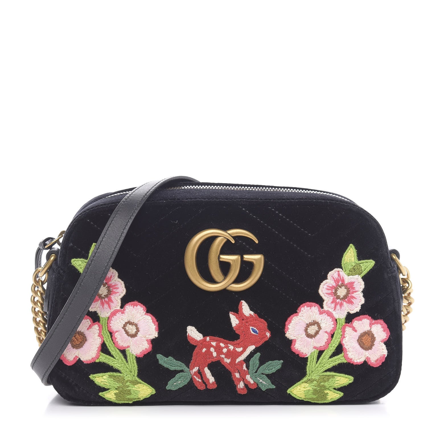 Gucci Velvet Matelasse Deer Embroidered Small GG Marmont Chain Shoulder Bag Black 1 of 10