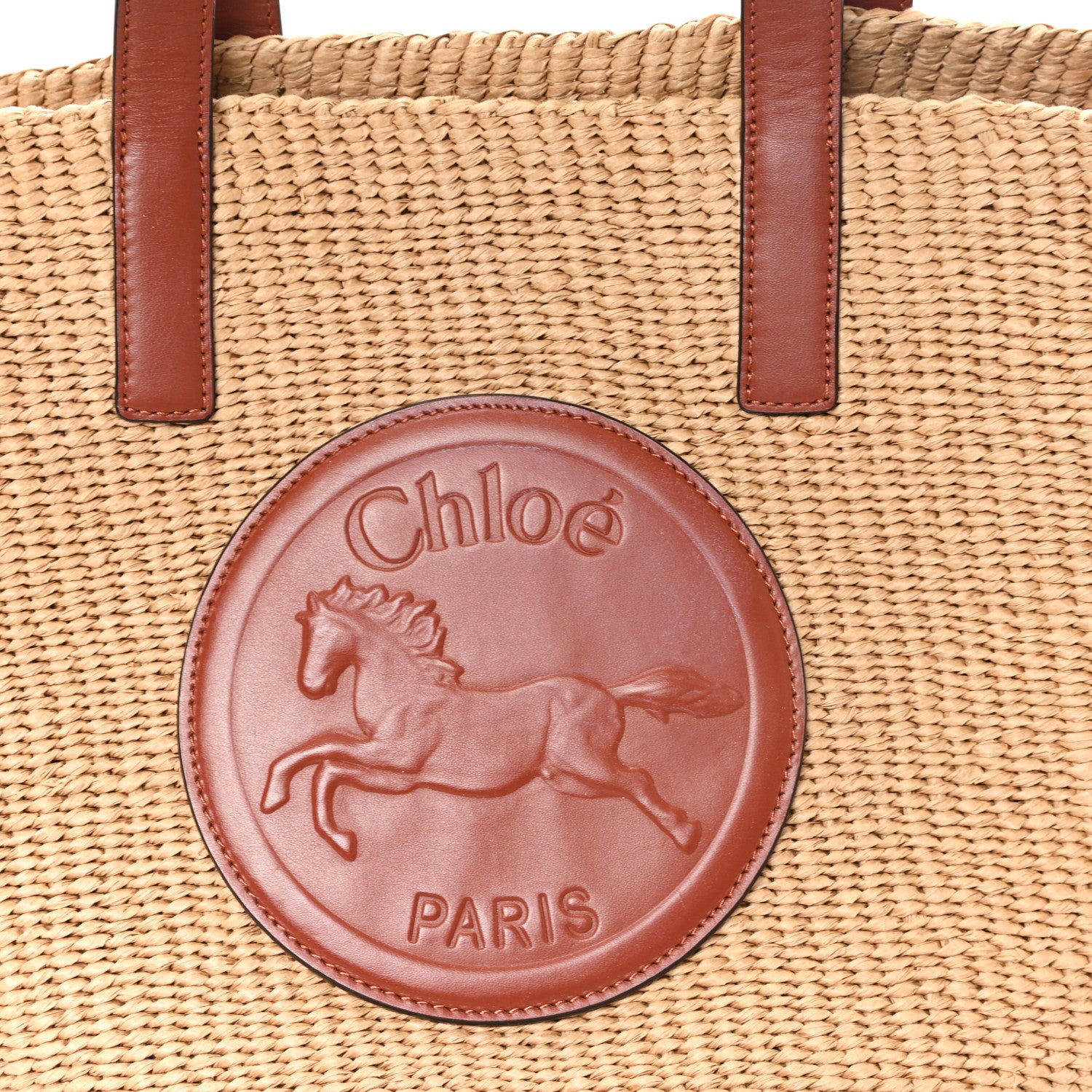 Chloe Raffia Calfskin Horse Medal Large Basket Tote Sepia Brown 7 of 9