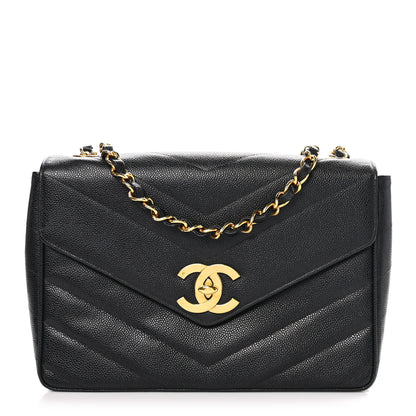 Chanel Caviar Chevron Quilted Jumbo Single Flap Black 1 of 10