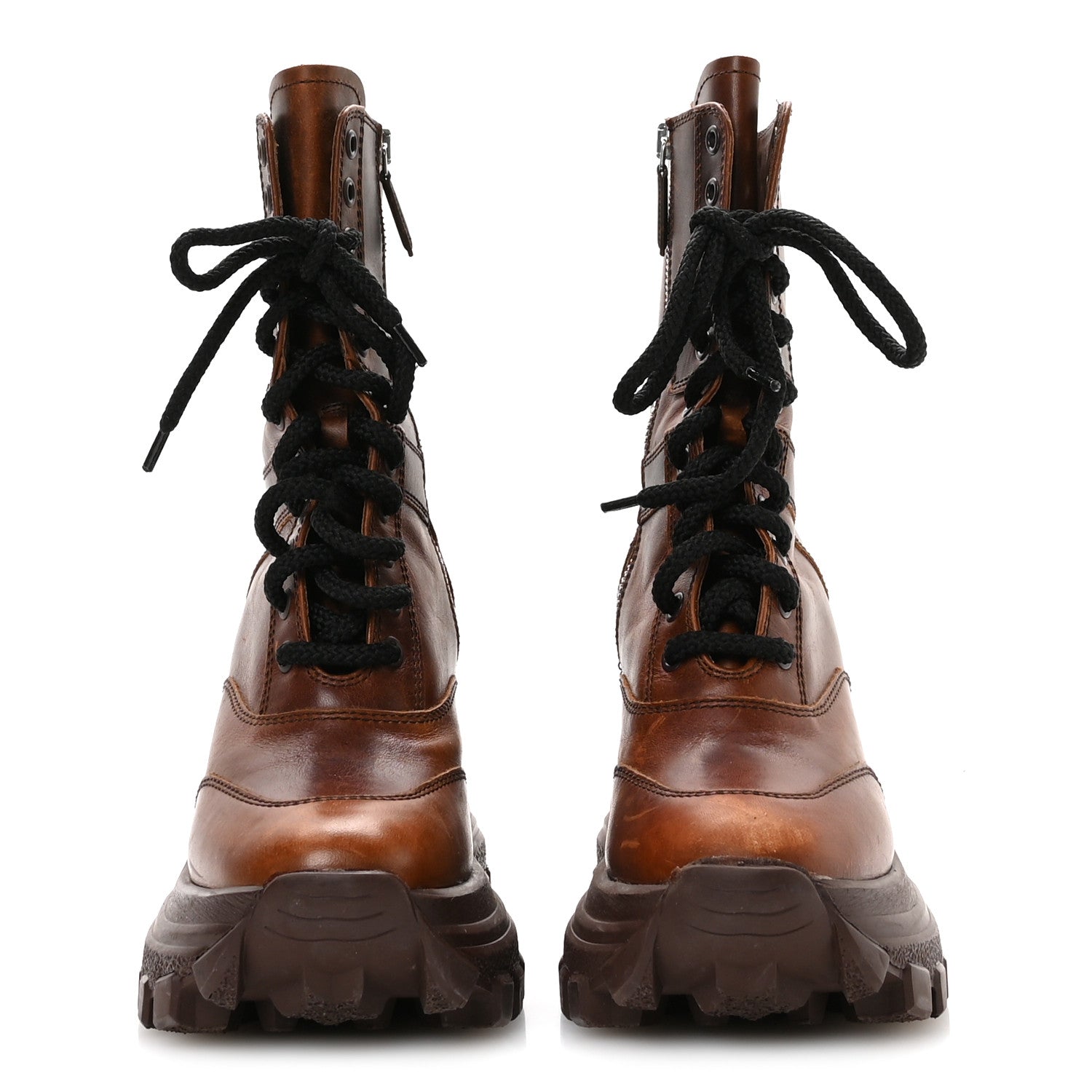 Miu Miu Distressed Calfskin Platform Wedge Lace Up Combat Boots 38 Brown 3 of 8
