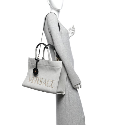 Versace Canvas Calfskin Studded Large Logo Tote Bag Ecru Black 2 of 13