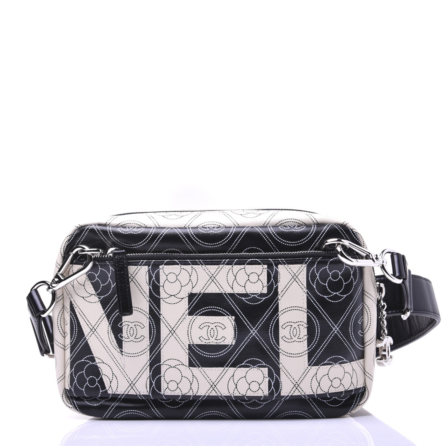 Chanel Coated Canvas Calfskin Camellia Printed Camera Case Black Beige 10 of 13