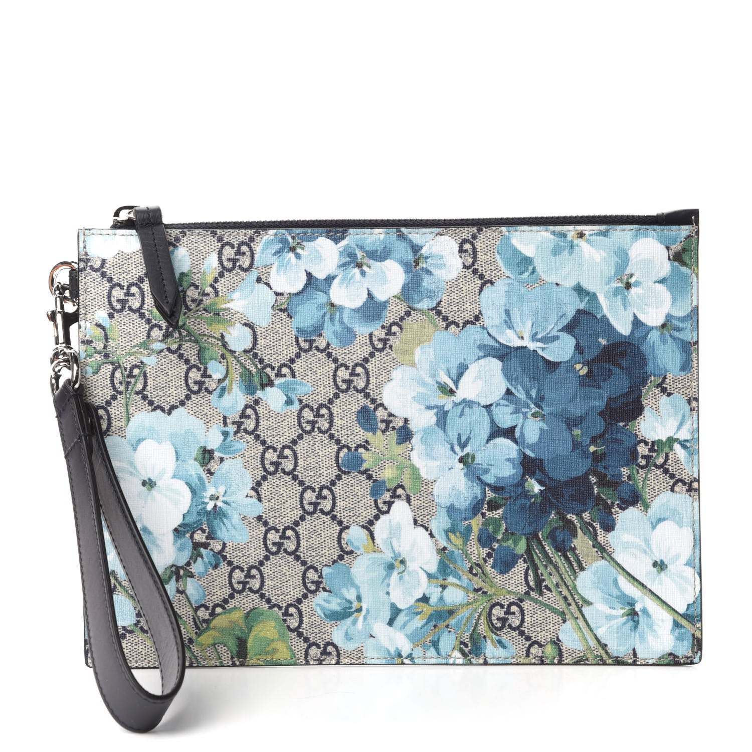 Gucci GG Supreme Monogram Blooms Small Zip Wristlet Pouch Beige Blue Black 1 of 8