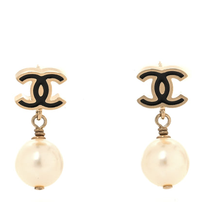 Chanel Pearl Enamel CC Drop Earrings Black Gold 1 of 5