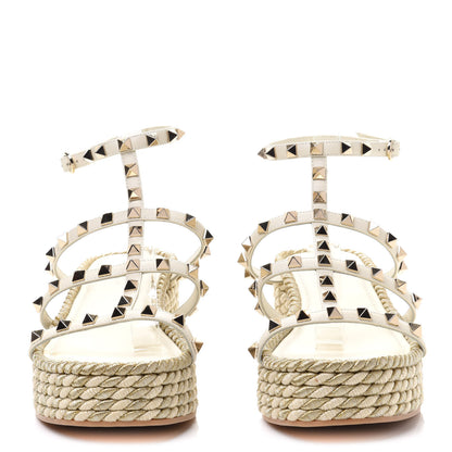 Valentino Garavani Calfskin Rockstud Ankle Strap Torchon Espadrille Caged 30/55mm Sandals 41 Light Ivory 2 of 9