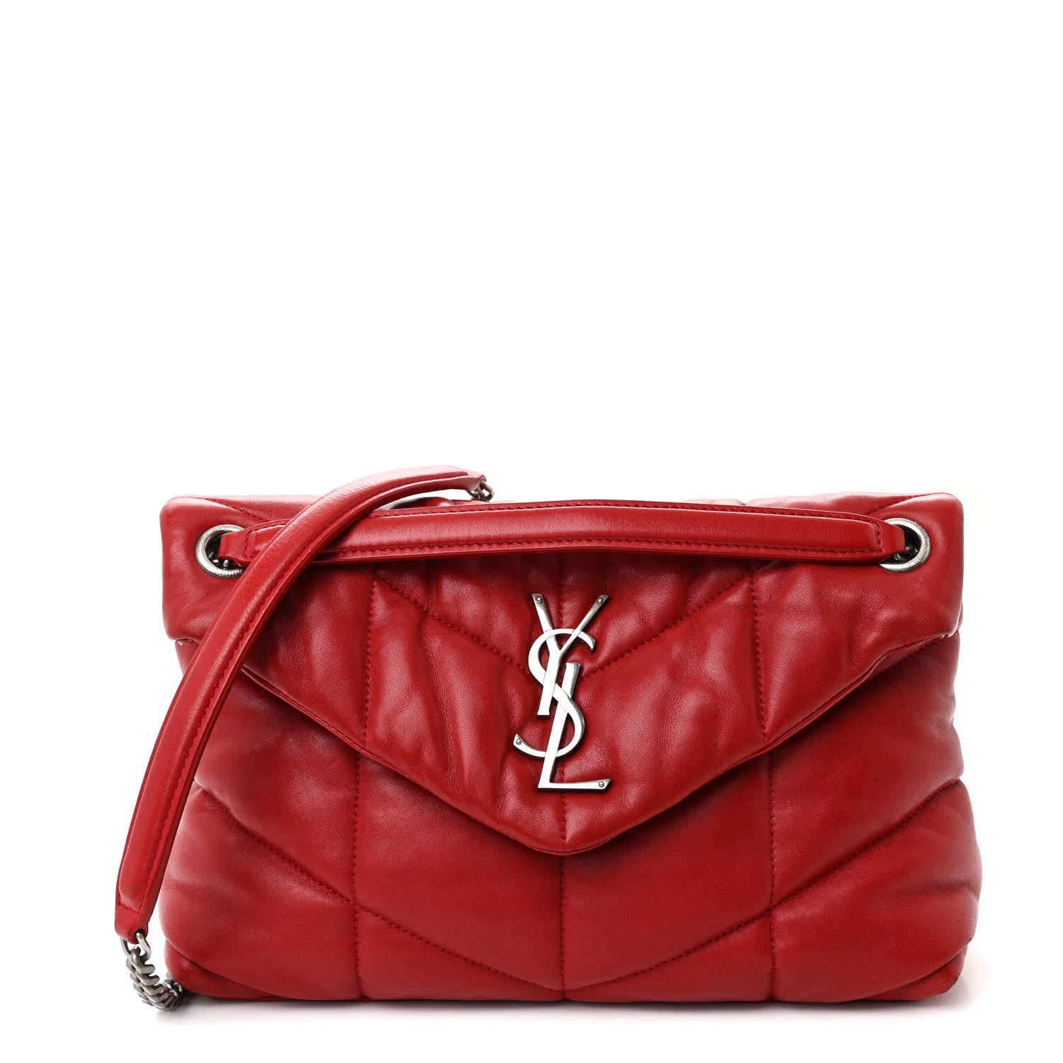 Saint Laurent Lambskin Quilted Small Loulou Puffer Monogram Chain Satchel Red 1 of 11