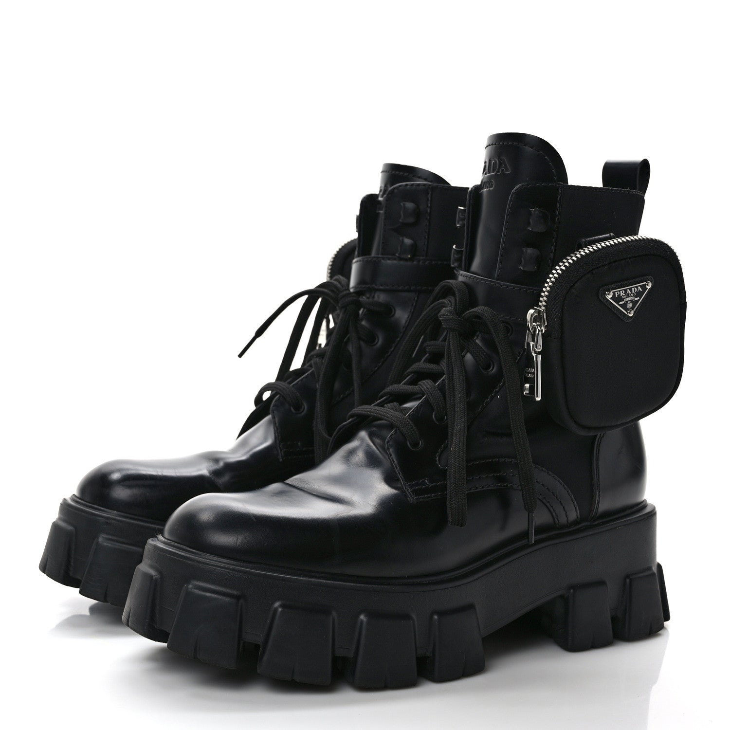 Prada Spazzolato Rois Nylon Metal Triangle Logo Monolith Pouch Pocket 55mm Boots 40 Black 3 of 9