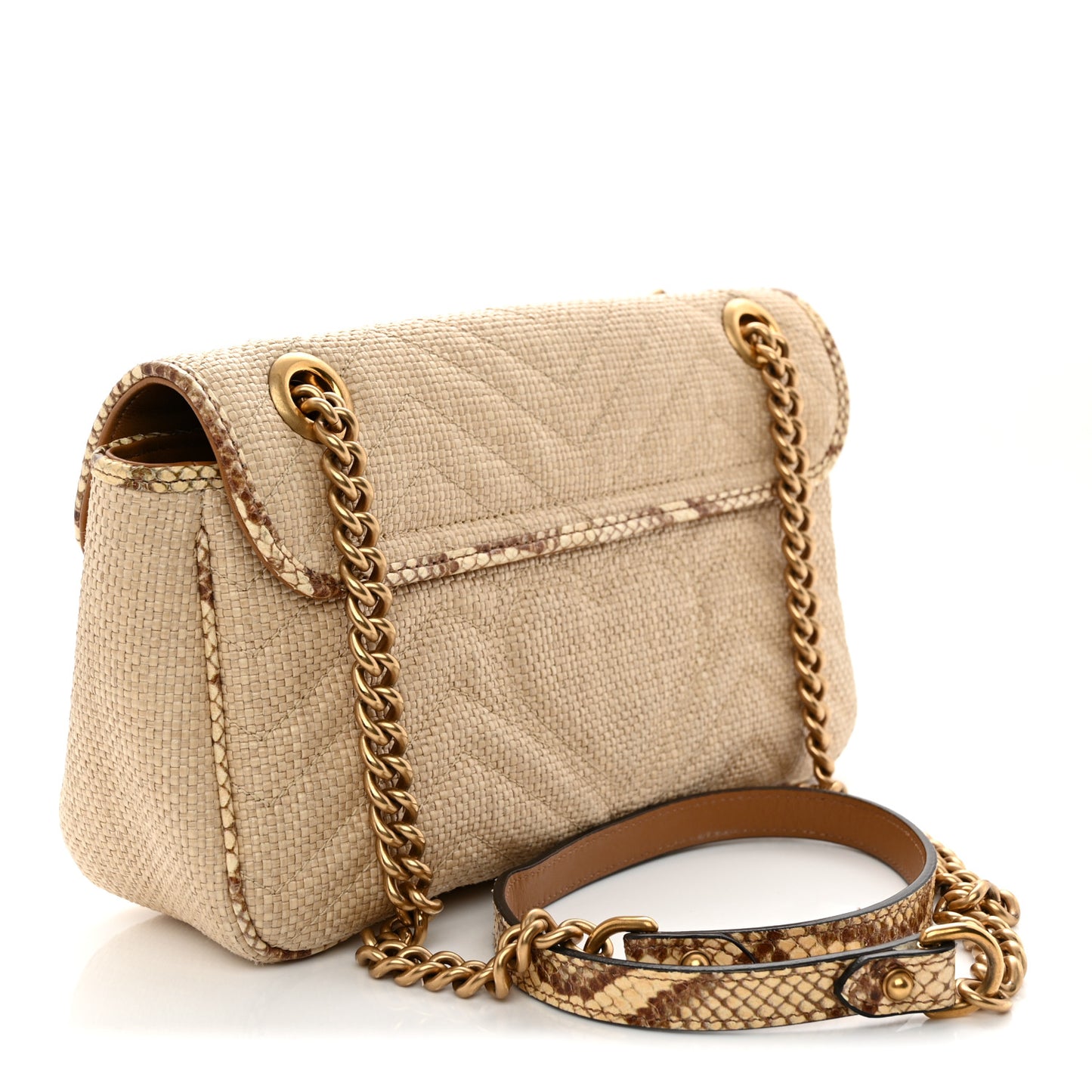 Raffia Elaphe Matelasse Small GG Marmont Shoulder Bag Natural Cream Brown