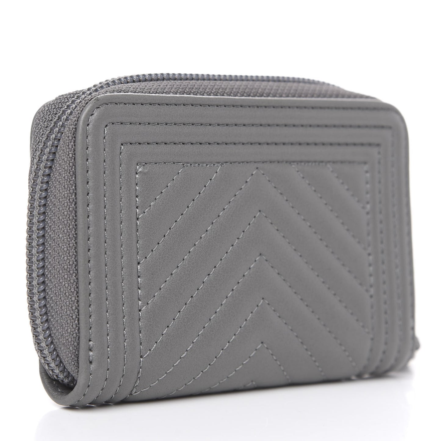 Calfskin Chevron Quilted Zip Around Boy Coin Purse Wallet Grey