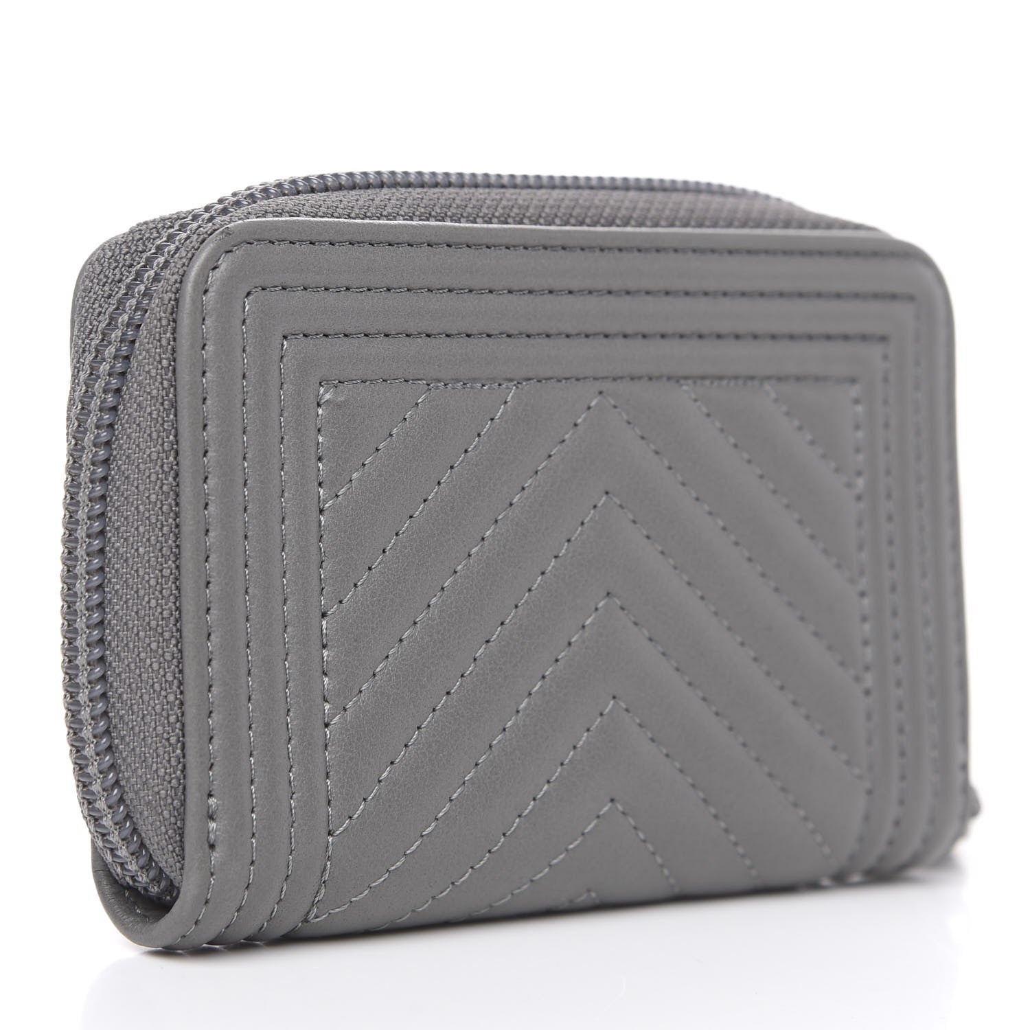 Chanel Calfskin Chevron Quilted Zip Around Boy Coin Purse Wallet Grey 2 of 6