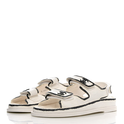 Chanel Calfskin Printed Velcro Dad Sandals 38 White Black 3 of 9