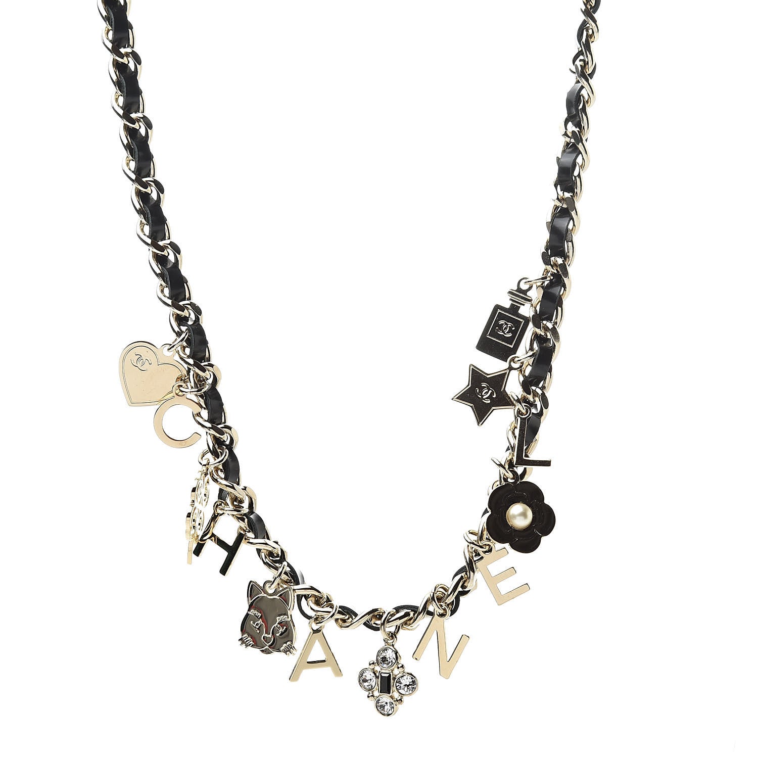 Chanel Lambskin Crystal CC Logo Charming Necklace Gold Black 1 of 5