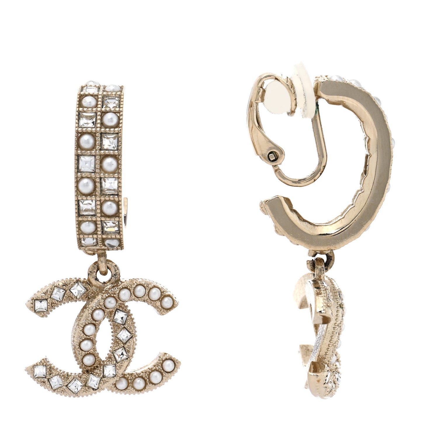 Crystal Pearl CC Drop Clip On Earrings Gold