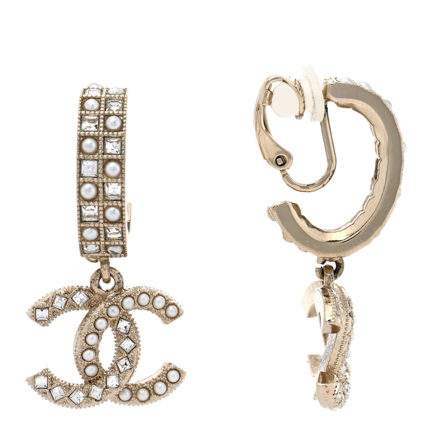 Chanel Crystal Pearl CC Drop Clip On Earrings Gold 1 of 5