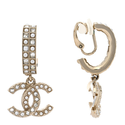 Chanel Crystal Pearl CC Drop Clip On Earrings Gold 1 of 5
