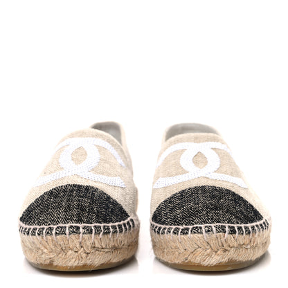 Chanel Toile Sequin CC Espadrilles 37 Beige Black 3 of 12