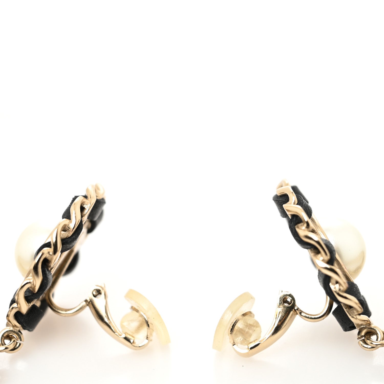 Chanel Pearl Lambskin Chain Logo Hoop Clip On Earrings Black Gold 3 of 4