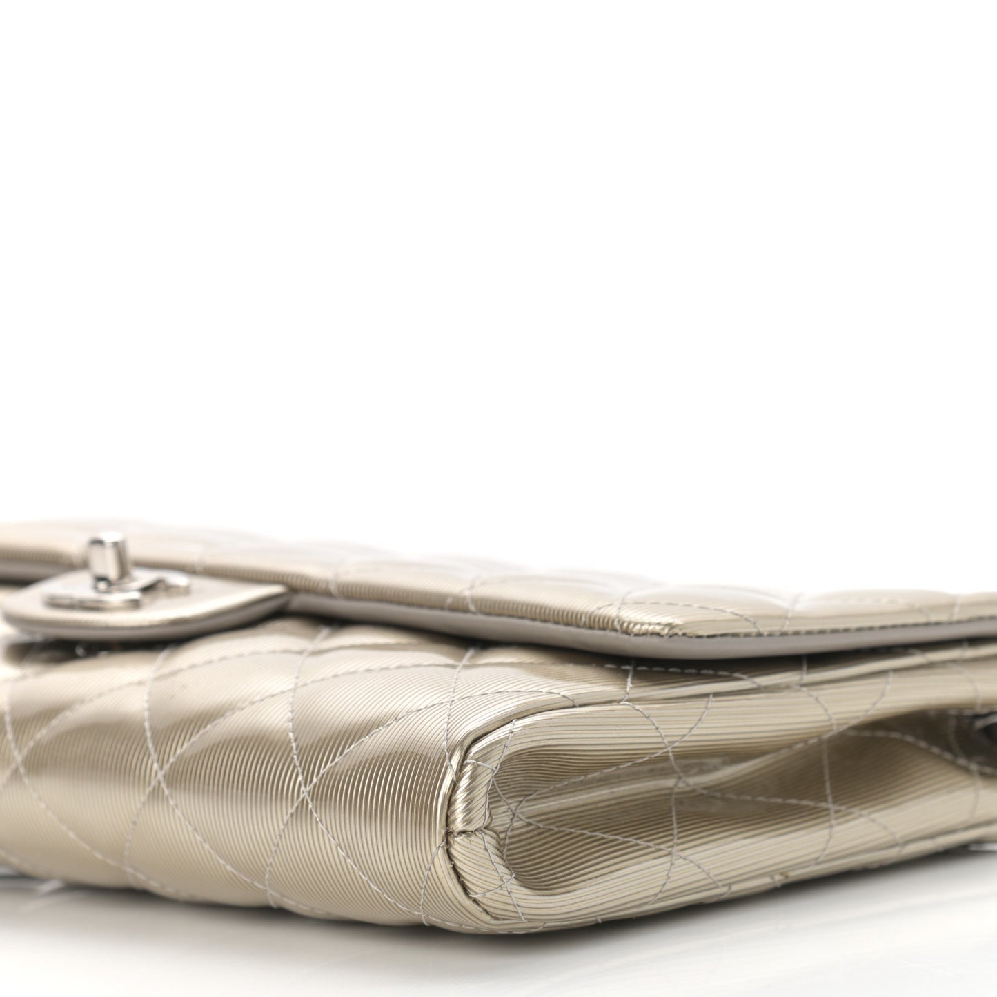 Striated Patent Quilted Clutch With Chain Flap Beige