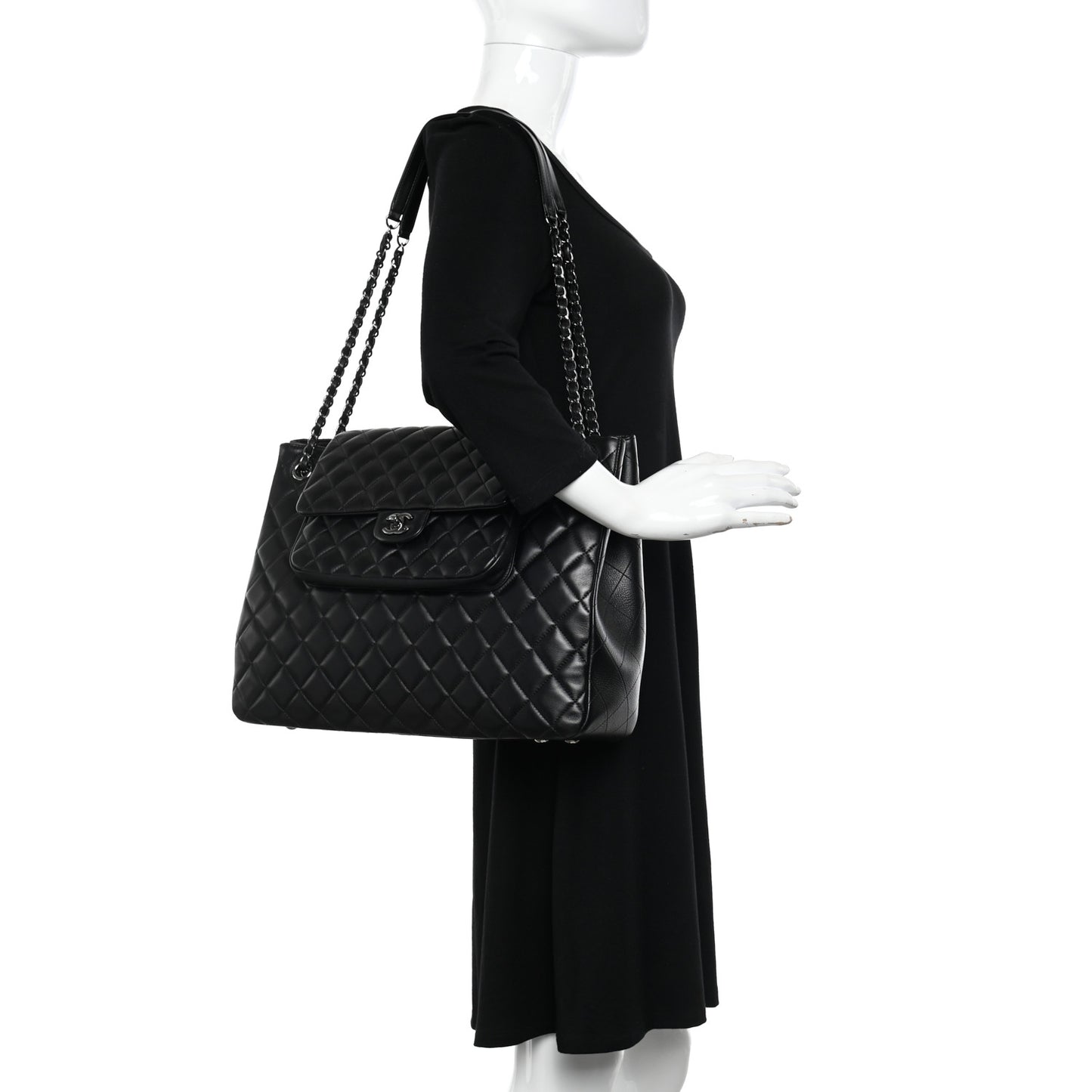 Lambskin Quilted Front Flap Tote Black