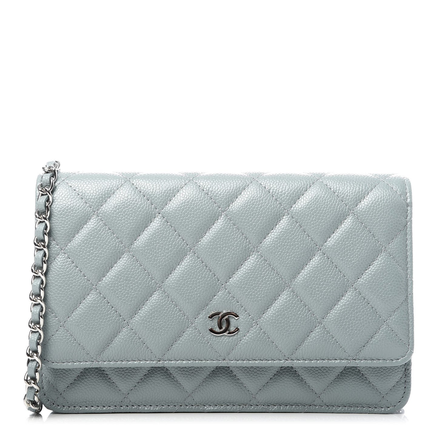 Iridescent Caviar Quilted Wallet On Chain WOC Light Blue