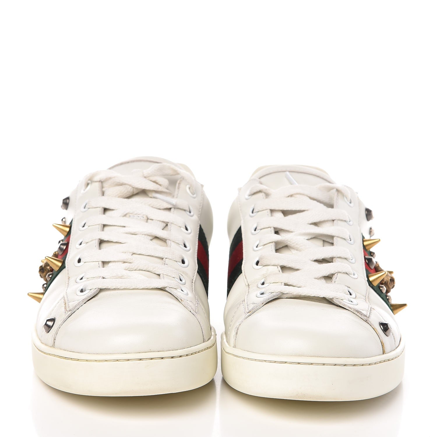 Gucci Mens Calfskin Web Studded Ace Sneakers 9 White 2 of 10