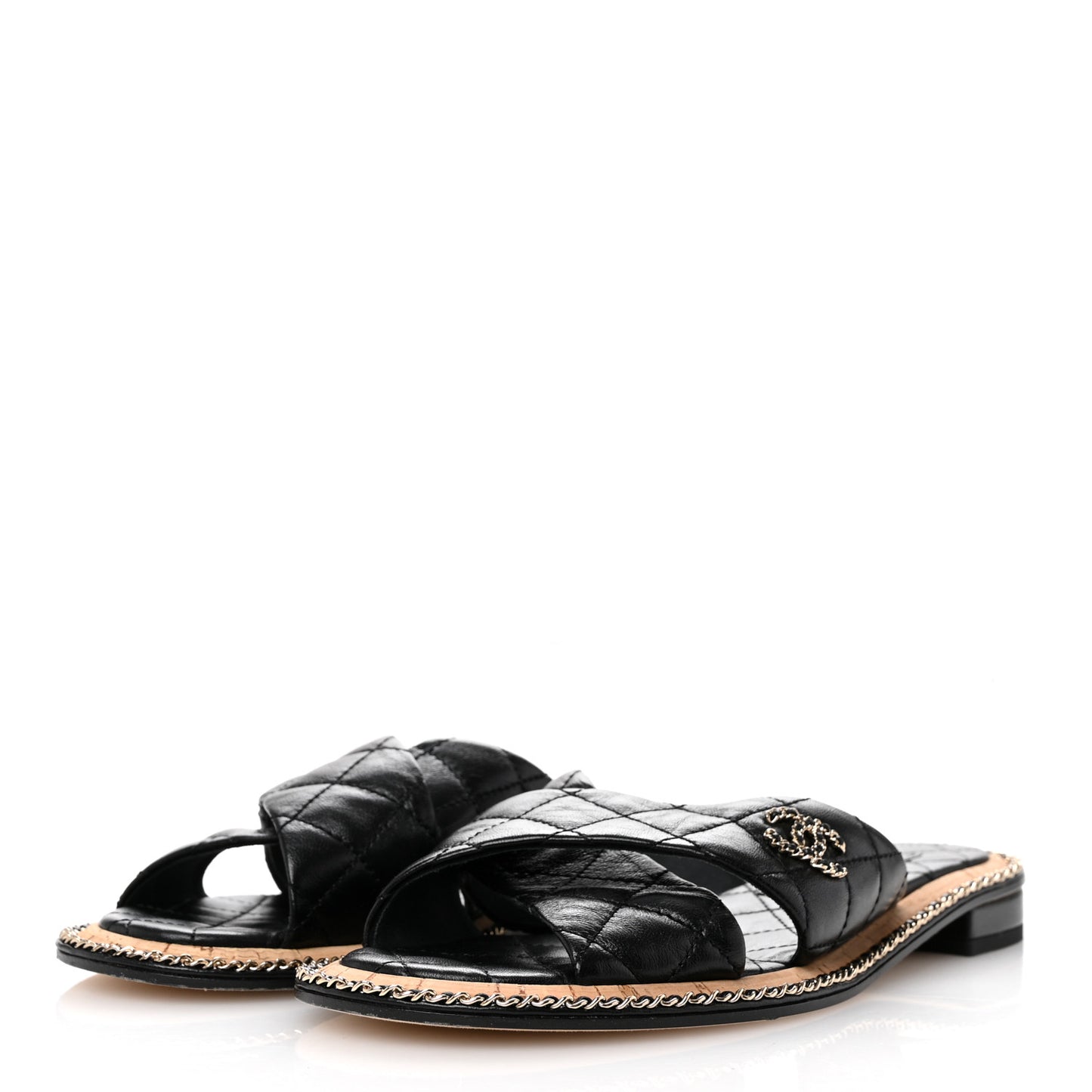 Lambskin Quilted Chain CC Sandals 39 Black