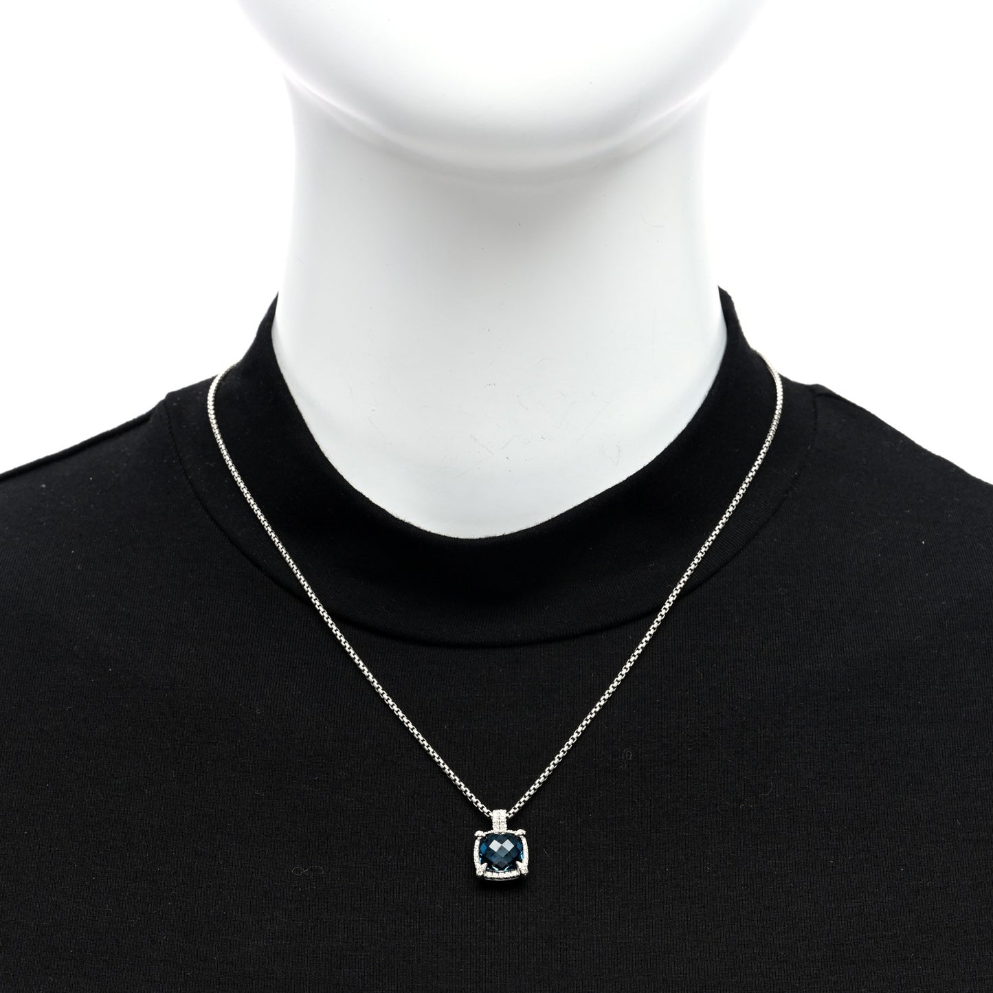 Sterling Silver Diamond Blue Topaz 9mm Chatelaine Pave Bezel Pendant Necklace