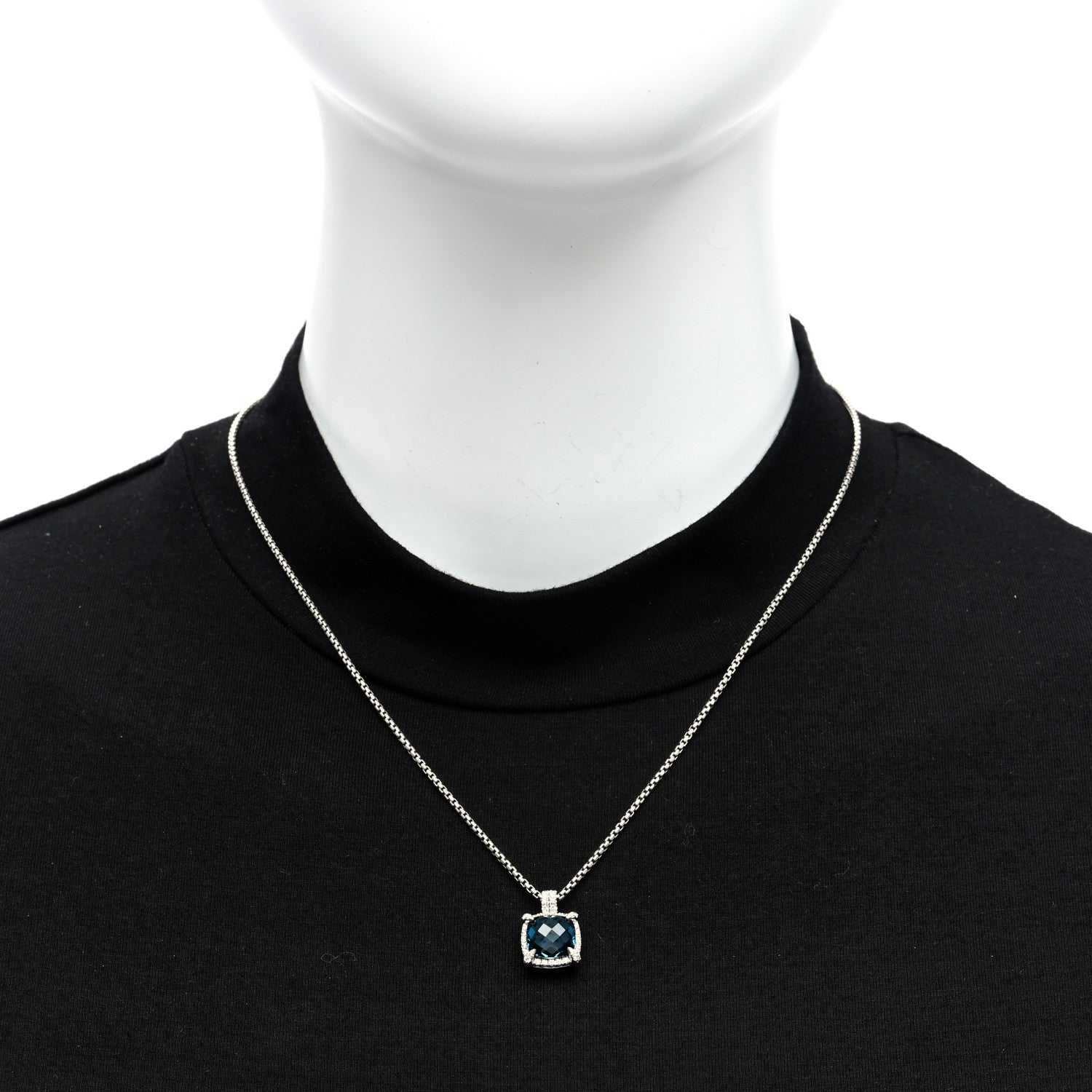 David Yurman Sterling Silver Diamond Blue Topaz 9mm Chatelaine Pave Bezel Pendant Necklace 2 of 4