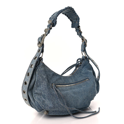 Balenciaga Washed Frayed Denim Crystal Small Le Cagole Shoulder Bag Blue 3 of 9